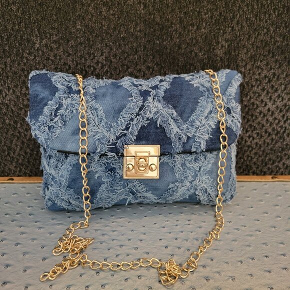 NWOT Denim Shoulder/Crossbody Bag with Gold Purse Chain and Hardware - Picture 3 of 5